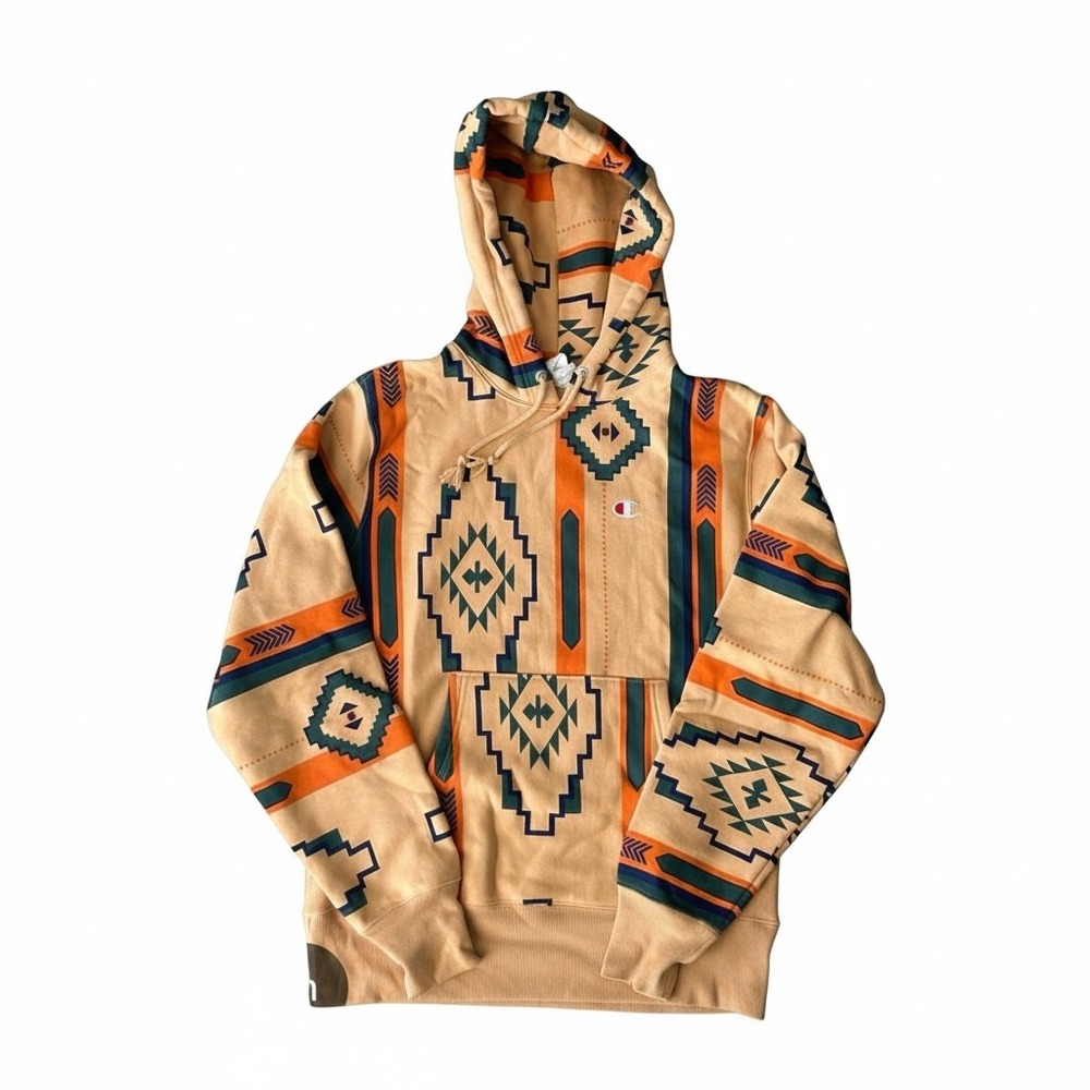 Champion Hoodie Mens Medium Tan Reverse Weave Southwestern Geometric S2974 XU6